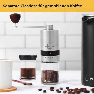 Silberthal Kaffeemühle Manuell Kegelmahlwerk &ndash; Verstellbarer Mahlgrad &ndash; Handmühle aus Edelstahl und Glas &ndash; Ersatzglas