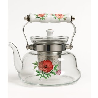 Hitzebeständiger Glas-Teekessel 1400 ml Mit Keramikgriff und Blumenmuster